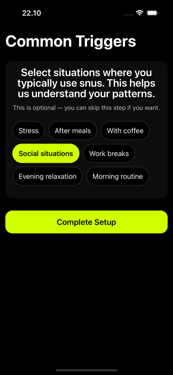 Onboarding screen: select common triggers like stress, after meals, and social situations.