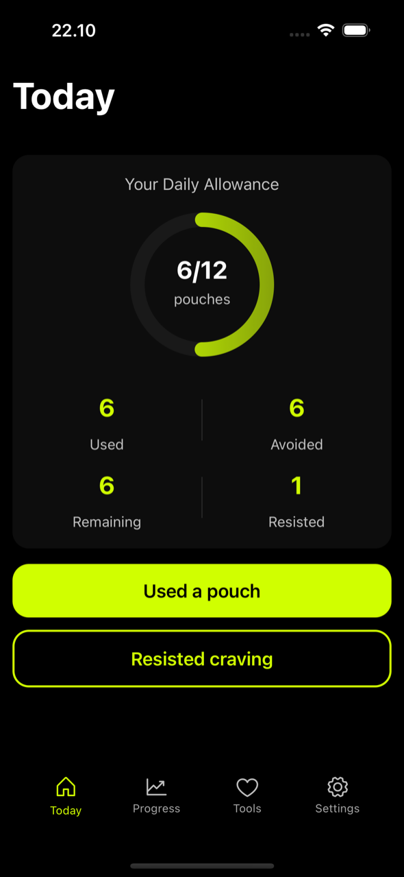 Today screen: daily allowance of 6 out of 12 pouches with one-tap logging for used pouches and resisted cravings.