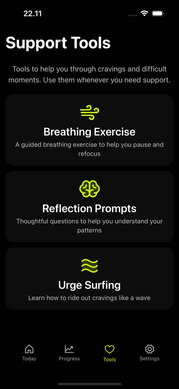 Support tools: breathing exercise, reflection prompts, and urge surfing for managing cravings.