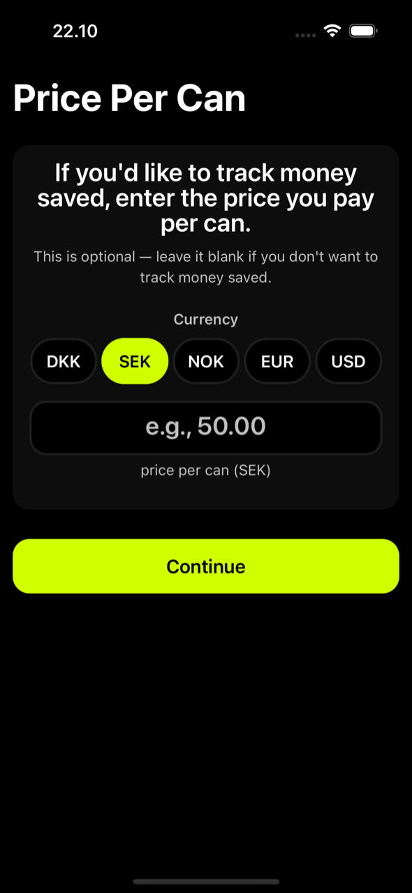 Price per can setup: optionally track money saved with currency selection.